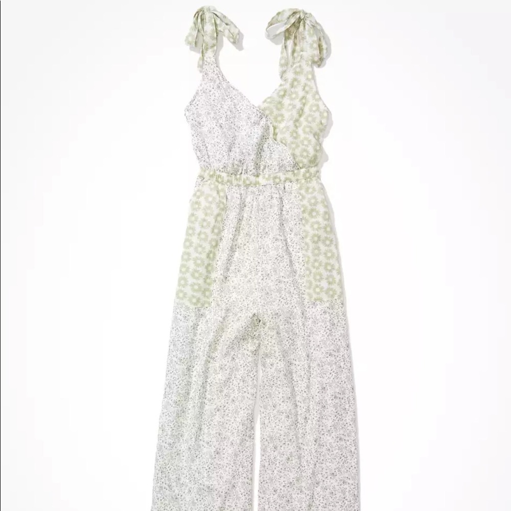 Aerie tie strap olive mix print jumpsuit